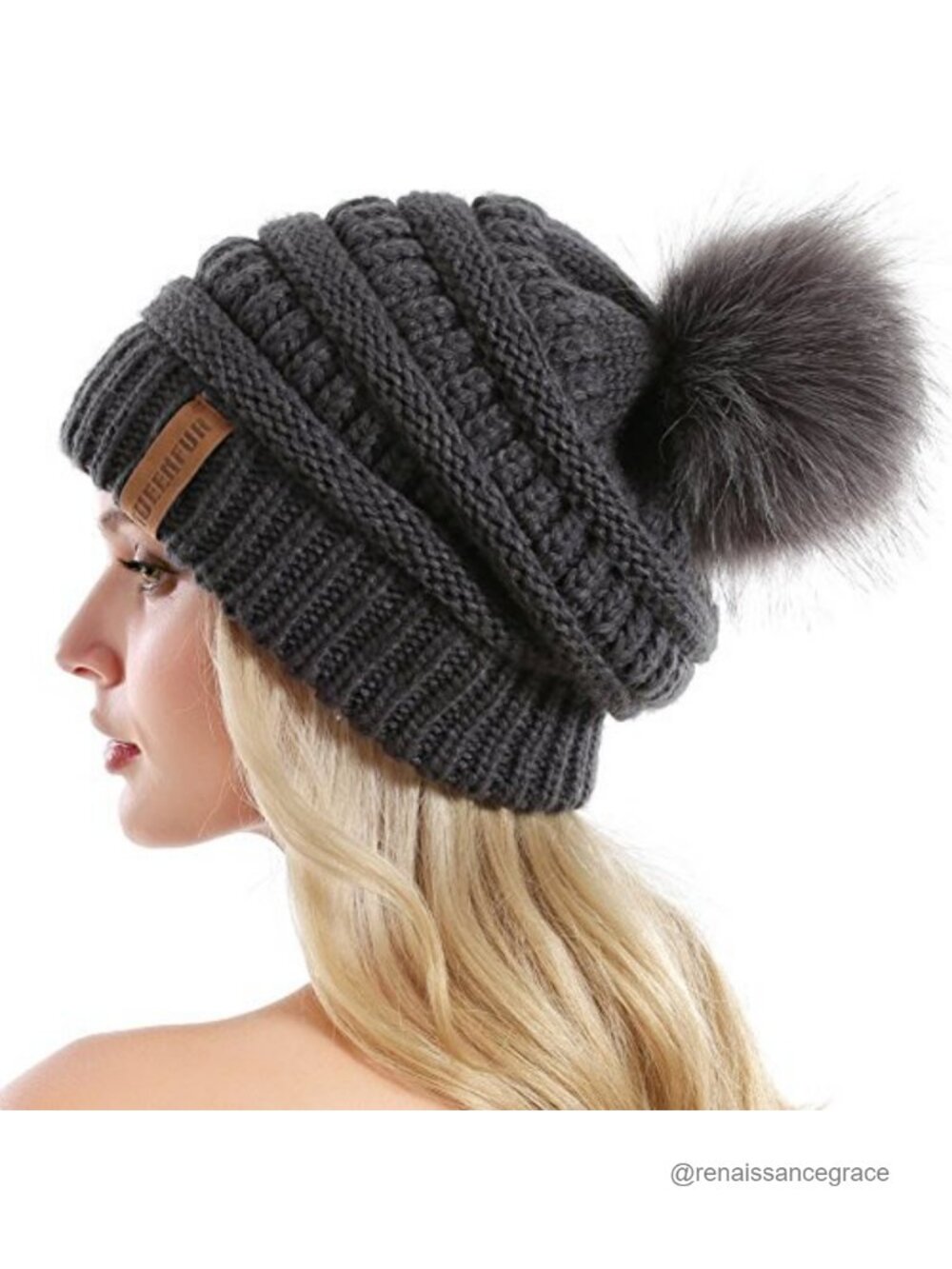 Women Knit Slouchy Beanie Chunky Cable Knit Hat Faux Fur Removable Pom Pom